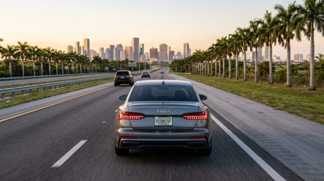 Auto circula por una autopista de Miami rumbo a Tampa con el skyline de la ciudad al fondo