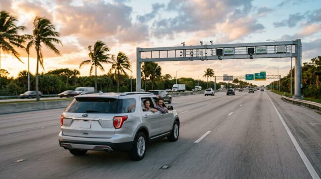Auto alquilado circula bajo un pórtico de SunPass en una autopista de Florida