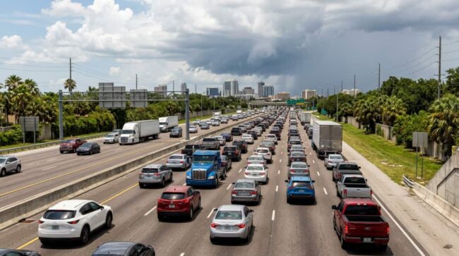 Tráfico intenso en una autopista de Florida durante un viaje por carretera