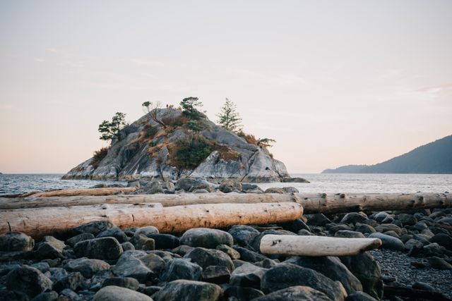 Costa rocosa de Vancouver Island en Canadá con una pequeña isla, troncos y bosque junto al océano