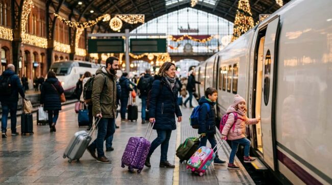 Viajes en familia durante los puentes y festivos de España 2027 Familia con maletas sube a un tren en una estación decorada durante las vacaciones de invierno