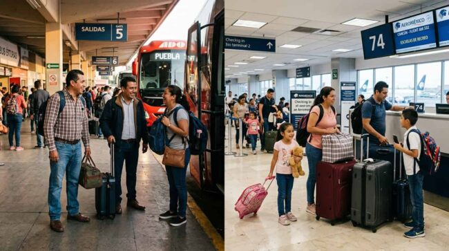 Cómo viajar durante los puentes de México 2027: autobús o avión Viajeros con equipaje en una terminal de autobuses y una familia en un aeropuerto de México