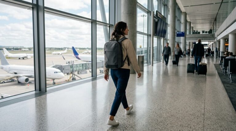 Viajera camina por un aeropuerto llevando solo una mochila como art&iacute;culo personal