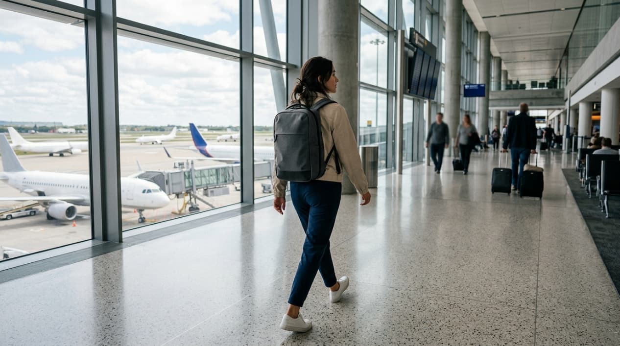 Viajera camina por un aeropuerto llevando solo una mochila como artículo personal