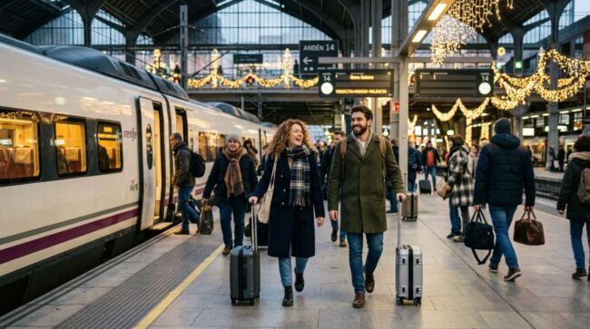 Viajar en tren durante los puentes y festivos de España 2027 Pareja con maletas camina por una estación de tren en España junto a un tren de Renfe