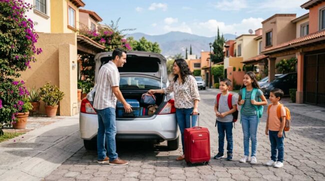 Viajes en familia durante los puentes de México 2027 Familia prepara el equipaje en el auto para salir de viaje durante un puente en México