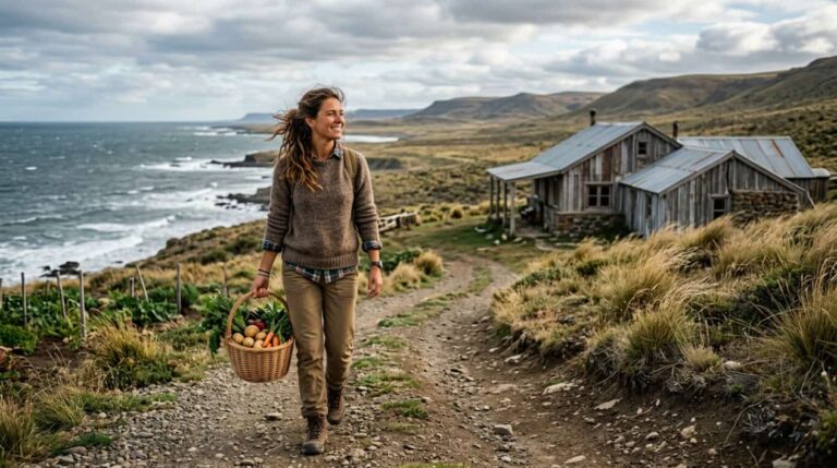 Mujer camina junto a una vivienda rural en un paisaje de la Patagonia con una canasta de alimentos