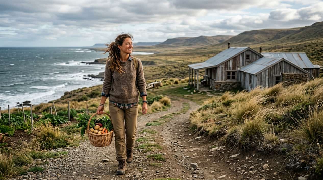 Mujer camina junto a una vivienda rural en un paisaje de la Patagonia con una canasta de alimentos