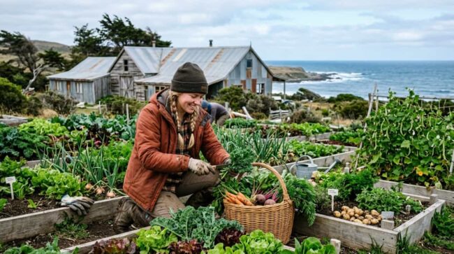 Voluntaria cosecha verduras en una huerta de la Patagonia junto a una vivienda rural cerca de la costa