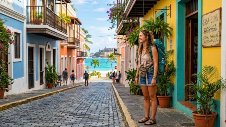 Viajera con mochila en una calle de arquitectura colonial en Puerto Rico, cerca del mar