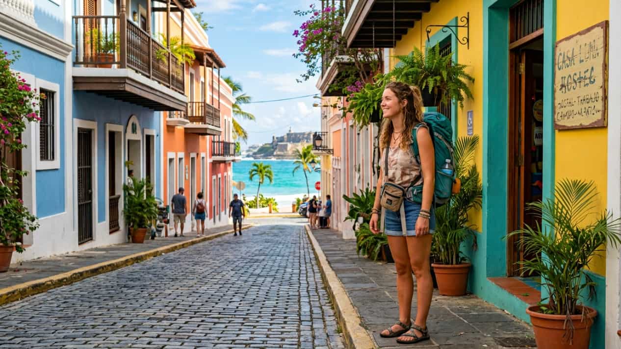 Viajera con mochila en una calle de arquitectura colonial en Puerto Rico, cerca del mar