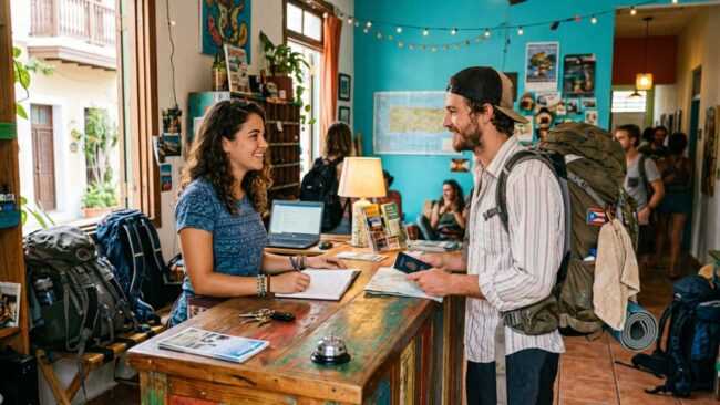 Alojamiento para voluntarios en Puerto Rico a cambio de trabajo Viajero con mochila realizando el check-in en un alojamiento de Puerto Rico