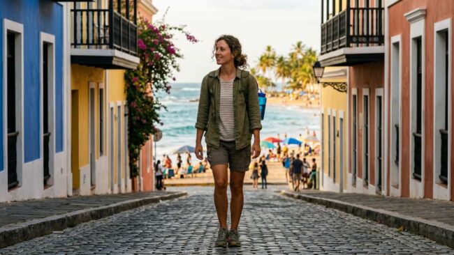 Viajar a Puerto Rico como voluntario a cambio de alojamiento Viajera recorriendo una calle colorida de Puerto Rico con el mar y una playa al fondo