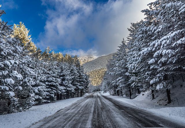 Carretera nevada entre bosques y montañas de Andorra durante el invierno