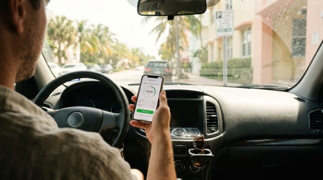Cómo pagar el estacionamiento en Miami con una app Conductor usa una aplicación de estacionamiento desde el auto junto a una zona regulada en Miami