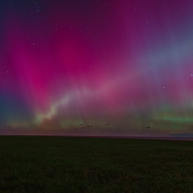 Aurora boreal en tonos rosados y verdes sobre un paisaje oscuro bajo un cielo estrellado