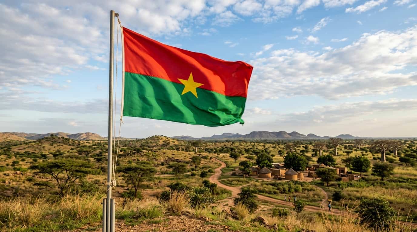 Bandera de Burkina Faso frente a un paisaje de sabana con caminos y pequeñas aldeas