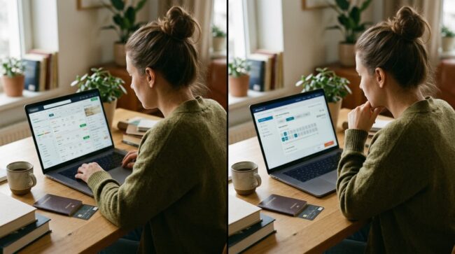 Viajera compara opciones de vuelos en una agencia online antes de completar la reserva