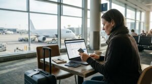 Viajera compra un vuelo online con tarjeta desde una computadora en un aeropuerto