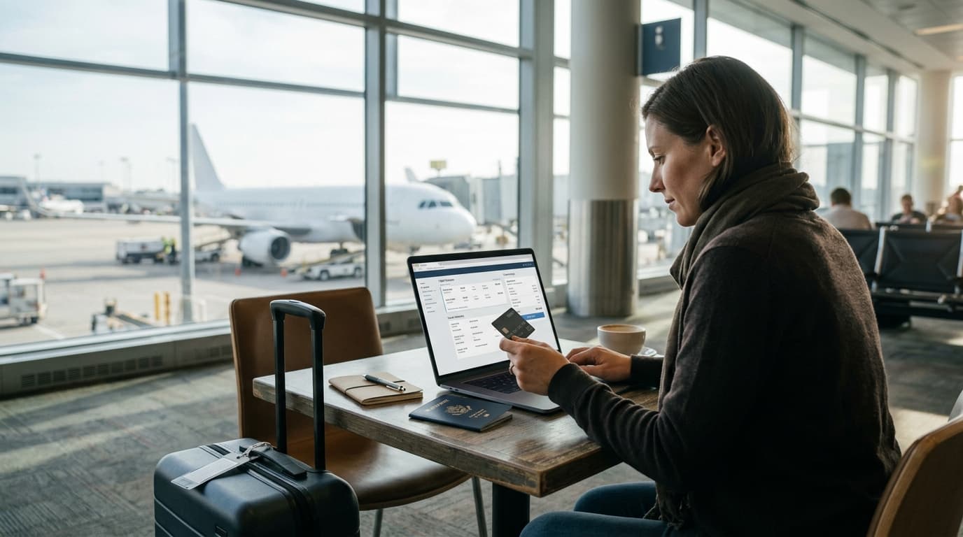 Viajera compra un vuelo online con tarjeta desde una computadora en un aeropuerto