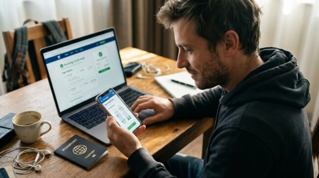 Viajero comprueba en el celular la confirmación de un vuelo reservado a través de una agencia online