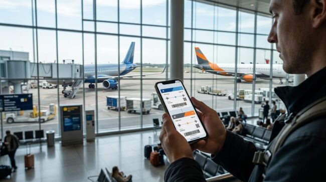 Viajero revisa en su celular una reserva de vuelo dentro de un aeropuerto