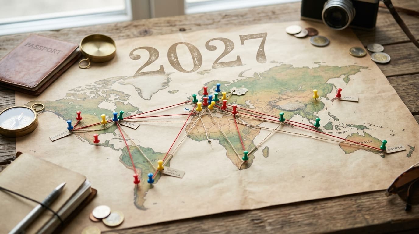 Mapa mundial con destinos marcados y rutas de viaje para planificar vacaciones en 2027