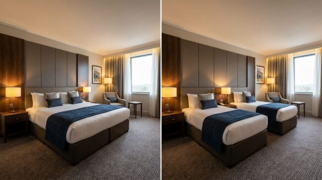 Diferencia entre habitación doble y twin en un hotel Comparación entre una habitación doble con una cama grande y una habitación twin con dos camas separadas