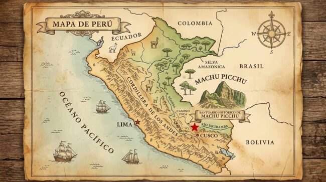 Mapa de Perú con la ubicación de Machu Picchu, Cusco, Lima y la Cordillera de los Andes
