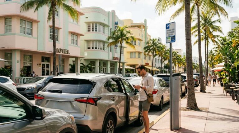Turista junto a un auto estacionado en Miami consulta el celular al lado de un parquímetro