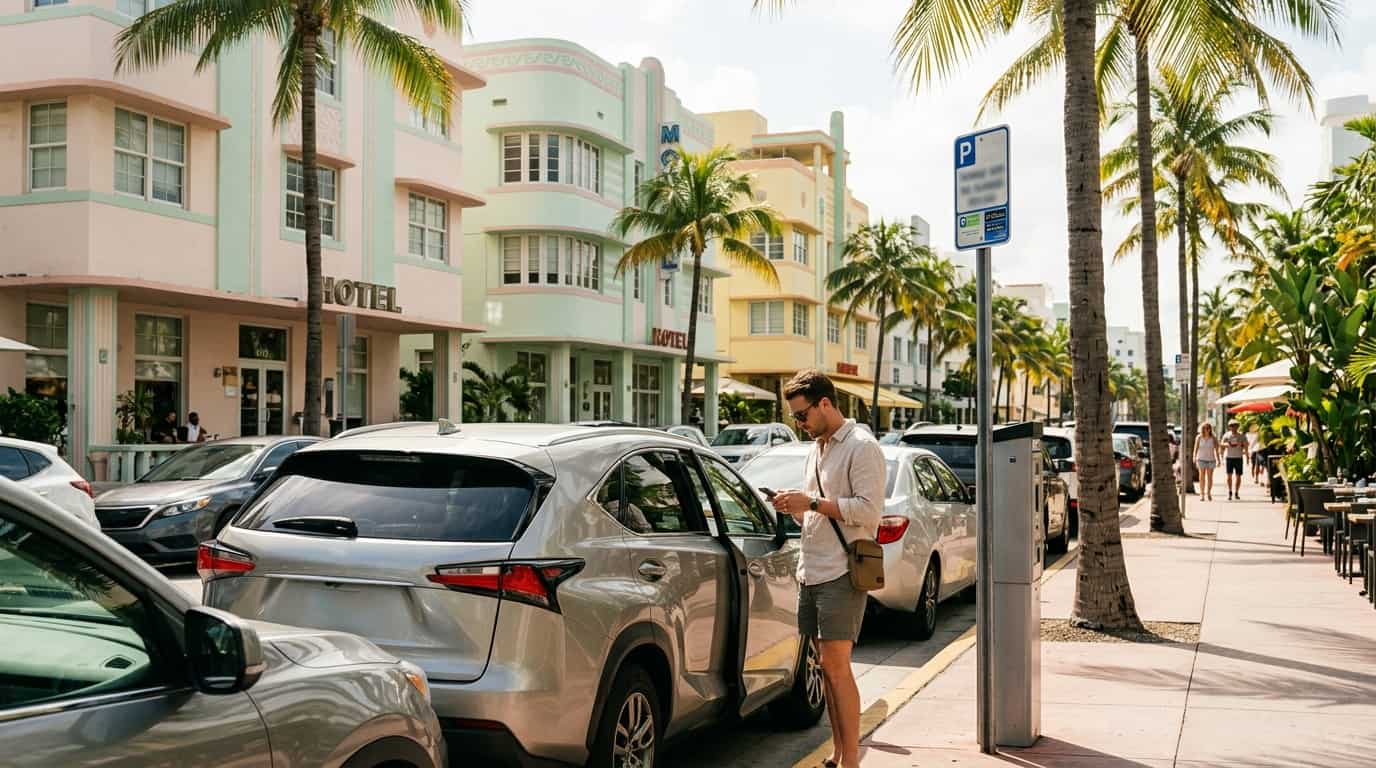 Turista junto a un auto estacionado en Miami consulta el celular al lado de un parquímetro