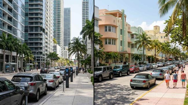 Estacionamiento en Miami y Miami Beach: diferencias según la zona Comparación de calles con autos estacionados en zonas urbanas de Miami y Miami Beach