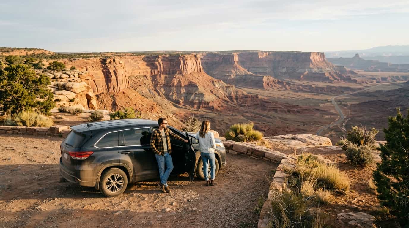 Pareja junto a un auto en un mirador de un paisaje de cañones del suroeste de Estados Unidos