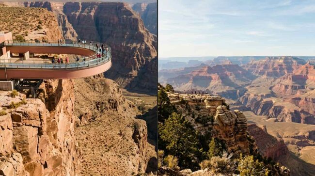 Comparación entre el Grand Canyon Skywalk del West Rim y los miradores del South Rim del Gran Cañón