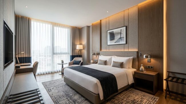 Habitación doble de hotel con una cama grande Habitación doble de hotel con una cama matrimonial, escritorio y ventanal