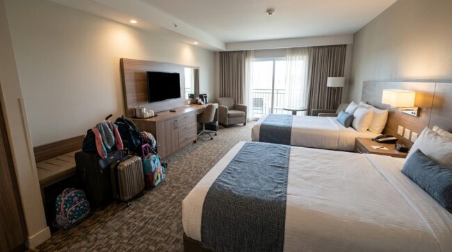 Habitación familiar de hotel con dos camas grandes Habitación familiar de hotel con dos camas grandes y equipaje de una familia