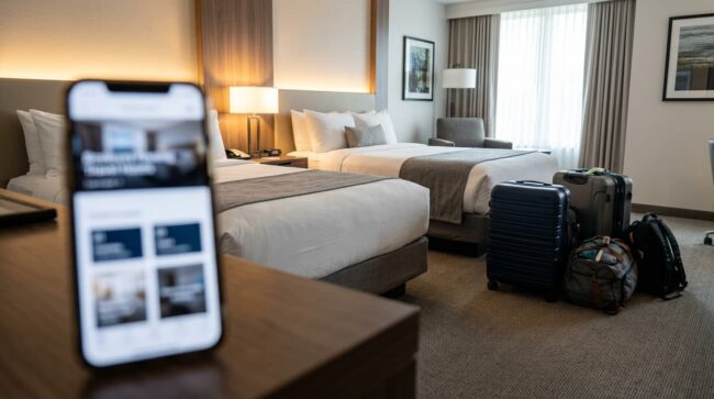 Cómo identificar el tipo de habitación al reservar un hotel Habitación de hotel con dos camas grandes, equipaje y una reserva online abierta en un celular