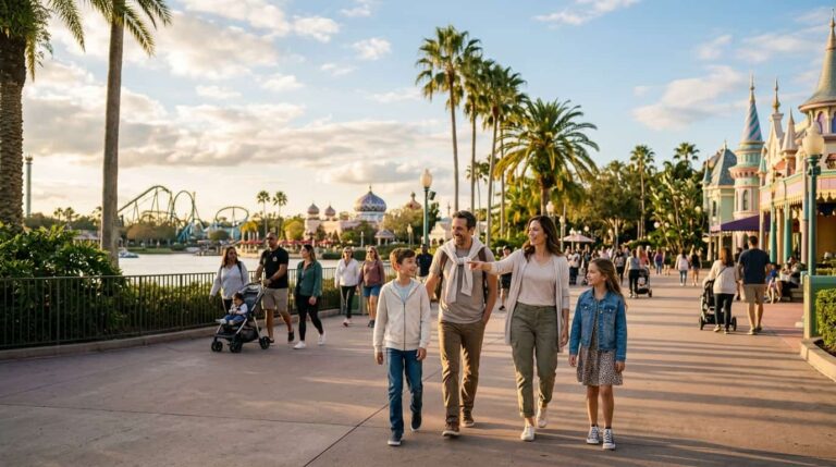 Familia recorre un parque temático de Orlando durante una tarde soleada