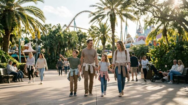 Familia recorre un parque temático de Orlando durante una jornada soleada en invierno