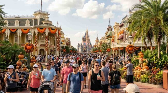 Magic Kingdom en Orlando decorado para Halloween con calabazas y gran afluencia de visitantes