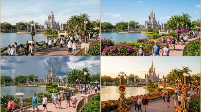 Comparación de un parque temático de Orlando en distintas épocas del año, con cambios de clima, vegetación y decoración estacional
