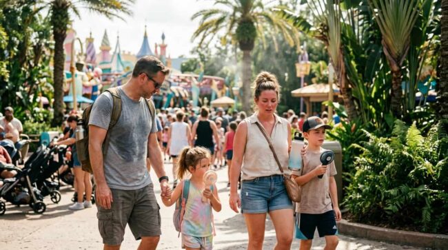 Familia recorre un parque temático de Orlando en verano con botellas de agua y ventiladores portátiles