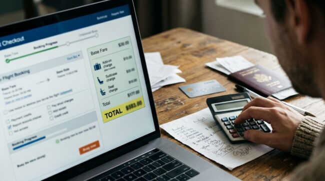 Viajero revisa el precio final y los cargos adicionales de un vuelo antes de pagar online