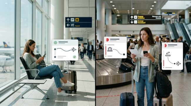 Viajeras revisan avisos de una reserva de vuelo y equipaje durante un viaje en aeropuerto