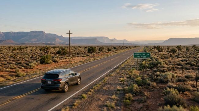 Auto en una carretera del desierto rumbo al Gran Cañón desde Las Vegas