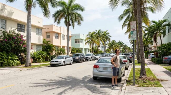 Turista lee una señal de estacionamiento junto a autos estacionados en una calle de Miami Beach