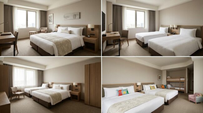 Comparaci&oacute;n de habitaciones de hotel doble, twin, triple y familiar con distintas configuraciones de camas