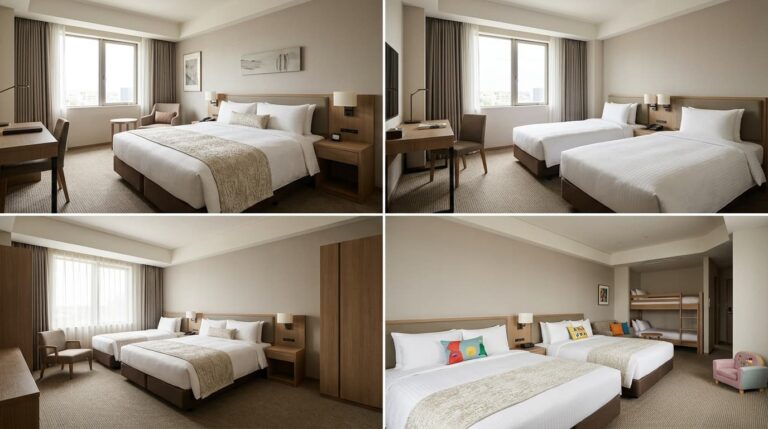 Comparaci&oacute;n de habitaciones de hotel doble, twin, triple y familiar con distintas configuraciones de camas