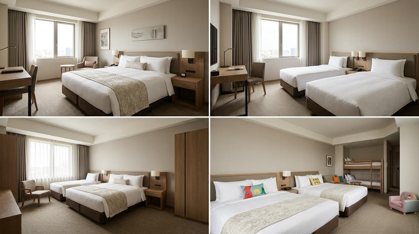 Comparación de habitaciones de hotel doble, twin, triple y familiar con distintas configuraciones de camas
