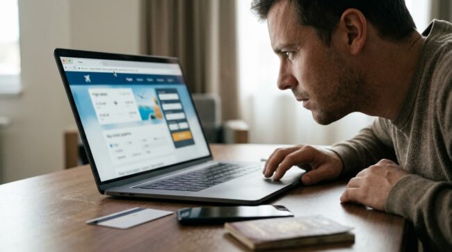 Hombre revisa una web de vuelos en una computadora antes de pagar una reserva online